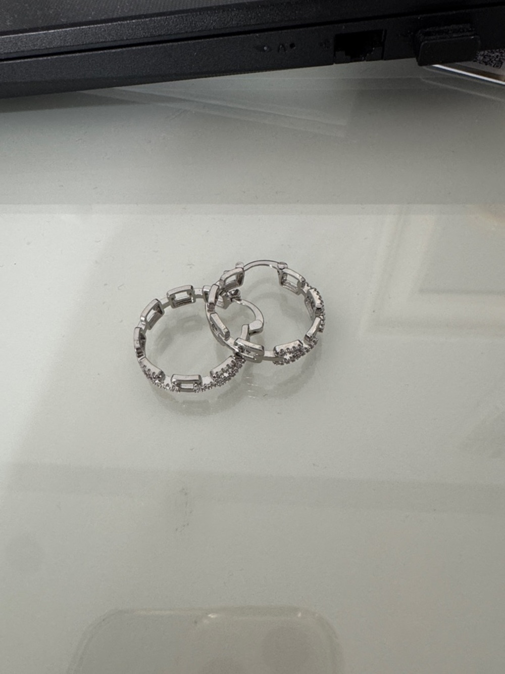 Silver Hoop Earrings with Baguette and Pave Accents